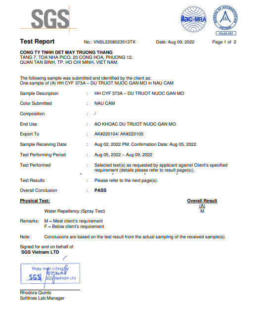 Water Resistance testing report